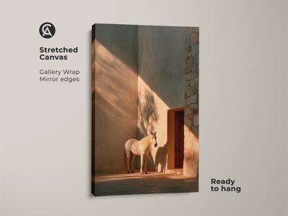 A stretched canvas featuring minimalist horse wall art. The photorealistic horse print is set against warm ochre tones. Beige horse artwork enhances modern entry halls. This equestrian gift idea is ready to hang and showcases gallery-wrapped edges. The horse artwork captures light and shadow beautifully.