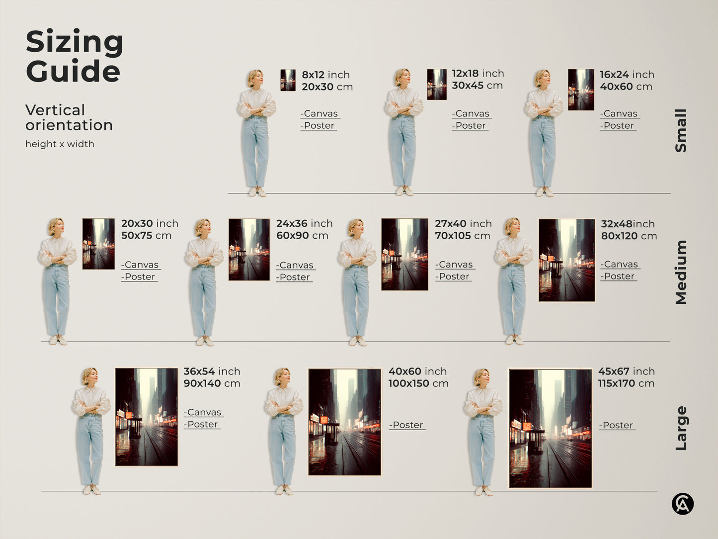 Sizing guide for urban night street artwork. See vertical orientation options for canvas and poster prints. Find the perfect fit for your space with this muted grey blue and yellow art.