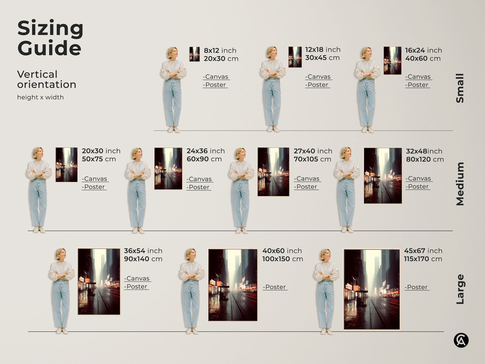 Sizing guide for urban night street artwork. See vertical orientation options for canvas and poster prints. Find the perfect fit for your space with this muted grey blue and yellow art.