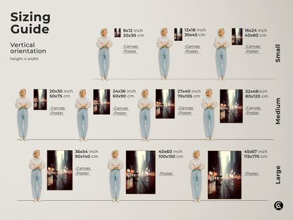 Sizing guide for urban night street artwork. See vertical orientation options for canvas and poster prints. Find the perfect fit for your space with this muted grey blue and yellow art.
