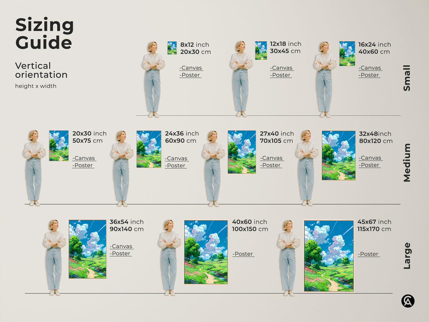 Sizing guide for vertical landscape artwork. See how canvas and poster prints look in various sizes. Find the perfect fit for your space from small to large. Visualize the impact of each size option with our guide.
