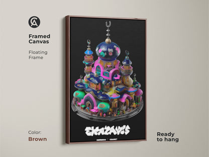 A framed canvas print features a surreal mosque fantasy town. With a brown floating frame it enhances the teal pink blue artwork. Ready to hang this eclectic home decor is perfect for fantasy art collectors. It makes a unique housewarming gift.