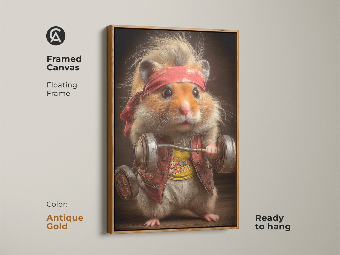Framed canvas artwork of a determined hamster lifting weights. The floating frame is in an antique gold color and is ready to hang. This humorous wall hanging will add character to any room. Perfect as office fitness art or as a birthday gift for gym goers.