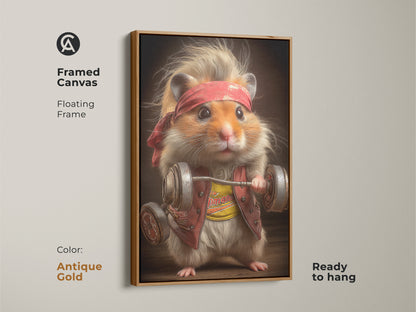 Framed canvas artwork of a determined hamster lifting weights. The floating frame is in an antique gold color and is ready to hang. This humorous wall hanging will add character to any room. Perfect as office fitness art or as a birthday gift for gym goers.