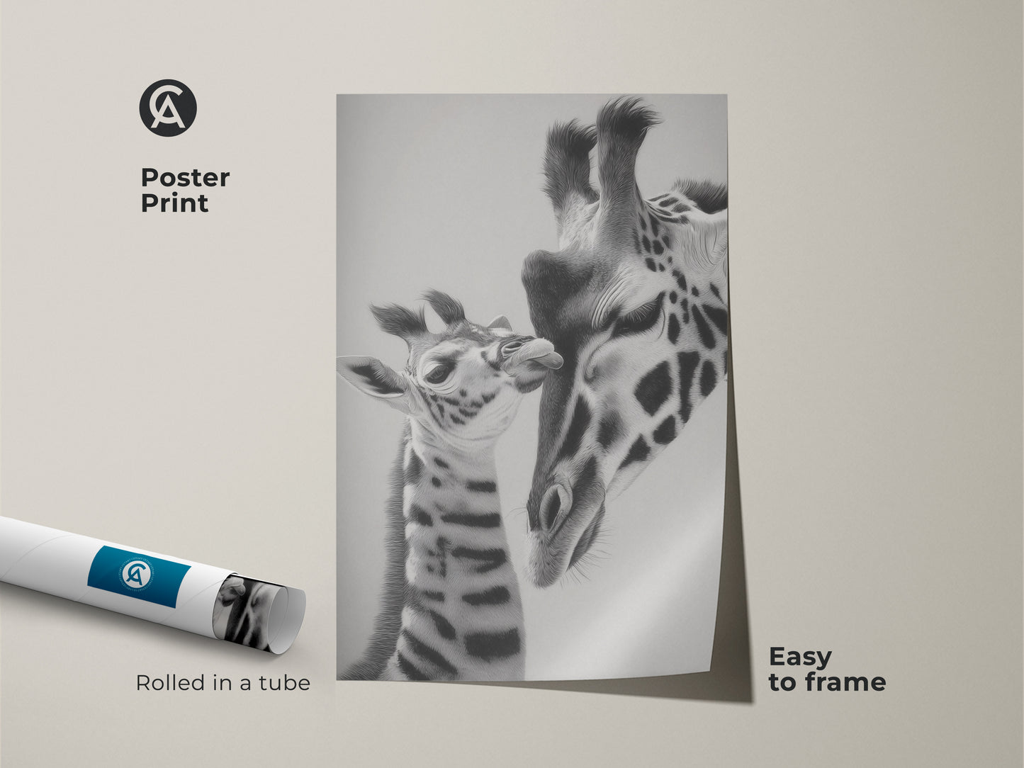 Poster print of a realistic pencil sketch. It shows a mother and baby giraffe. This black and white animal artwork is easy to frame. Rolled in a tube this savanna animal print is great for home office wall art.