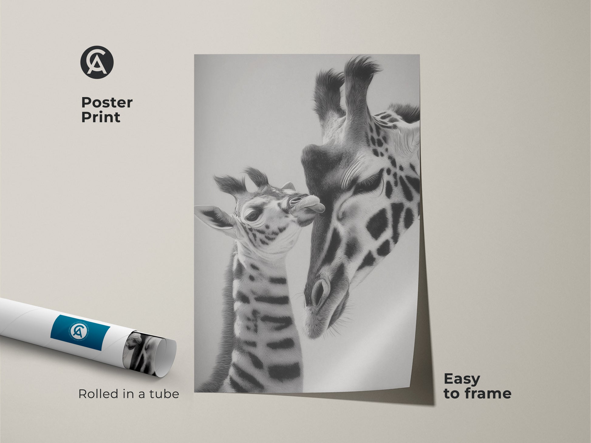 Poster print of a realistic pencil sketch. It shows a mother and baby giraffe. This black and white animal artwork is easy to frame. Rolled in a tube this savanna animal print is great for home office wall art.