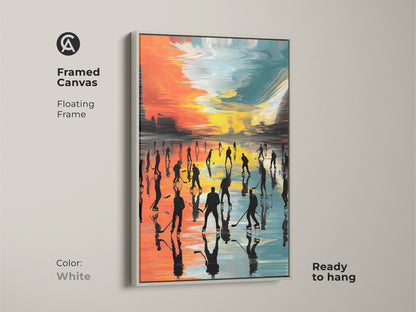 Framed canvas with a white floating frame showcasing modern abstract hockey artwork. This sports art has orange teal and yellow colors. It's a silhouetted ice arena canvas print. Great wall decor for a hockey fan.