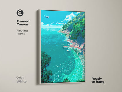 Brighten your space with this framed canvas ocean art. The artwork shows a plane over turquoise water and green cliffs. A white floating frame offers a clean modern look. It is ready to hang bringing coastal beauty to your decor.