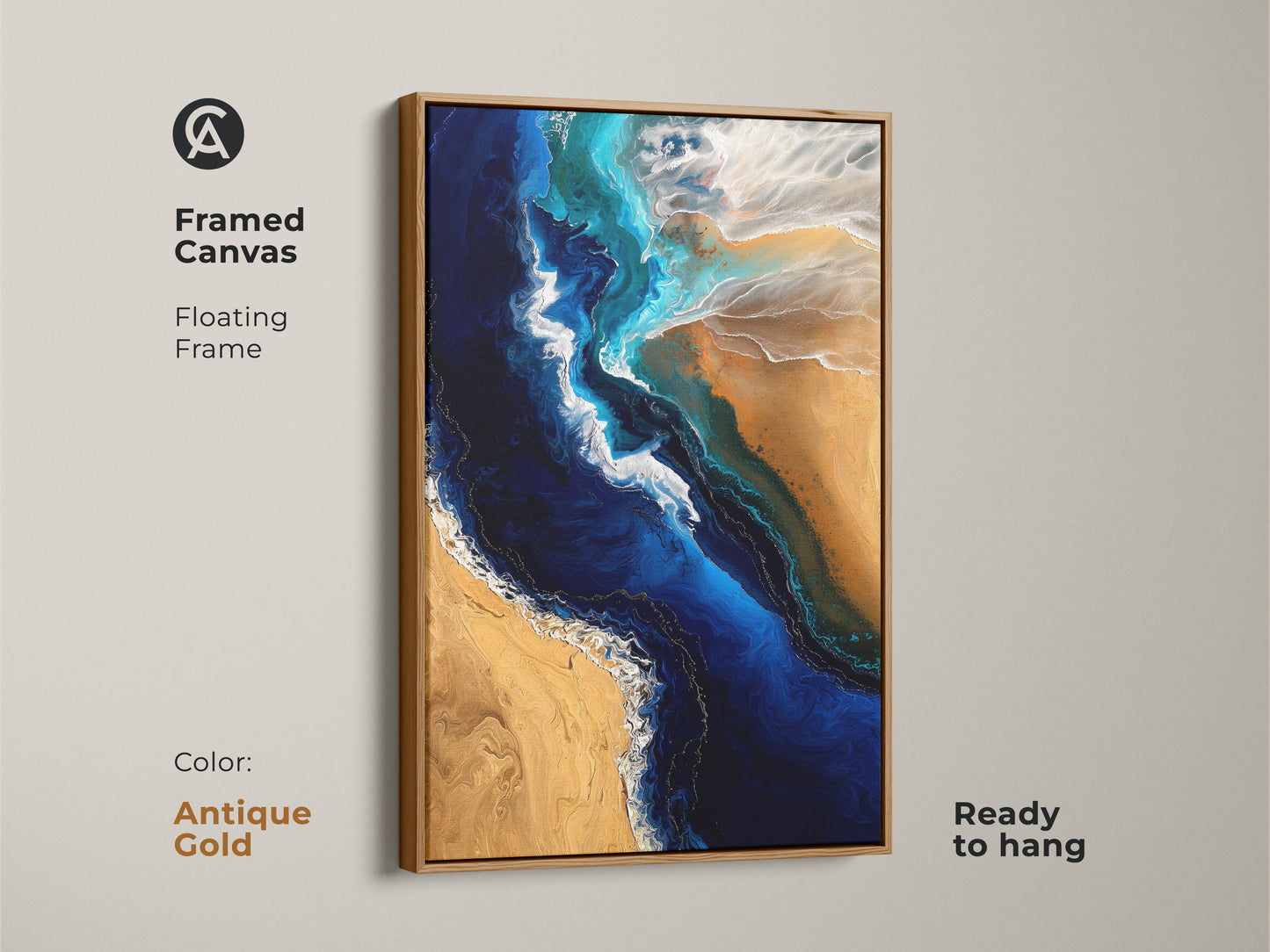 Framed canvas of fluid art ocean print with an antique gold floating frame. The abstract seascape canvas features deep blue and sandy gold hues. Ready to hang this artwork enhances coastal home decor. This contemporary beach art brings the beauty of ocean waves into your living space. A perfect gift for beach lovers.