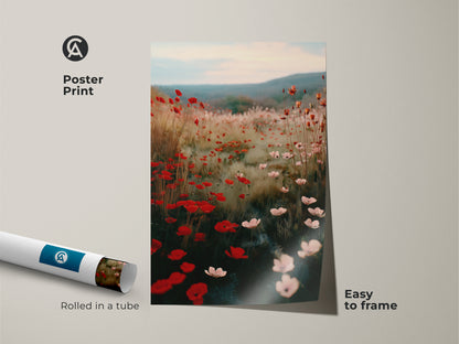 Poster print of an Impressionistic Poppy Field. Rolled in a tube this nature lover gift is easy to frame. Crimson Red flowers and soft pink poppies create a dreamy wildflower landscape. A perfect bohemian home decor art piece for serene field artwork.