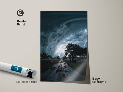 Poster Print of dramatic storm art rolled in a tube. This lightning landscape print features teal and blue storm decor. The contemporary nature wall decor is easy to frame. Display this unique nature canvas in modern and abstract styles. A housewarming gift nature art.