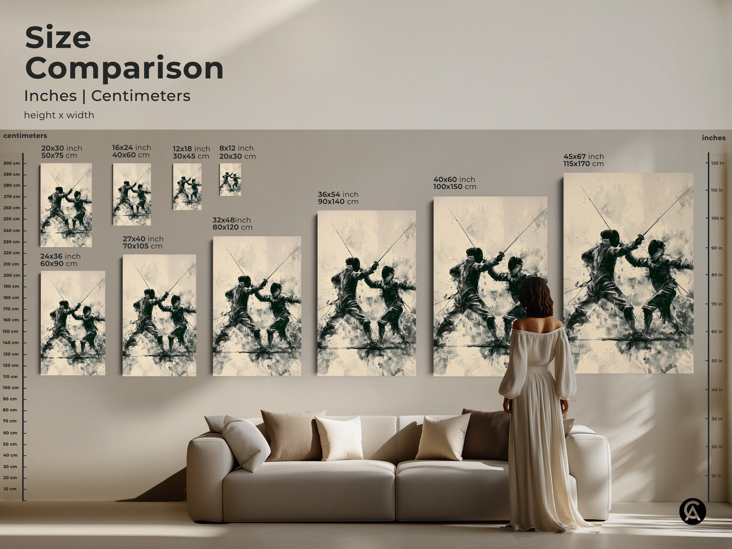 Size Comparison of the fencing duel artwork. See how various sizes fit above a sofa. This modern sports art in dark green beige and black is perfect for living rooms offices and as a unique gift for sports enthusiasts.
