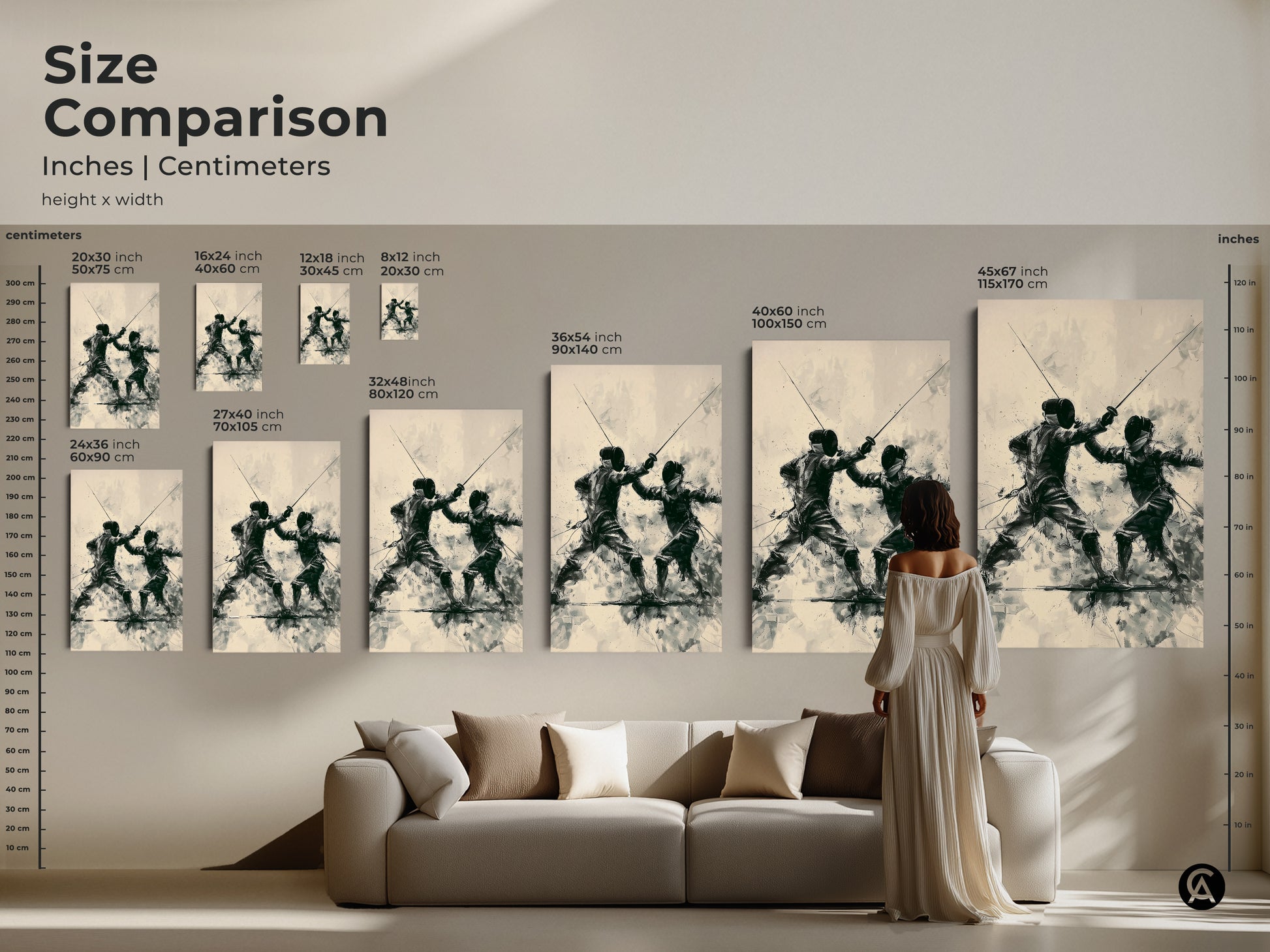Size Comparison of the fencing duel artwork. See how various sizes fit above a sofa. This modern sports art in dark green beige and black is perfect for living rooms offices and as a unique gift for sports enthusiasts.