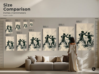 Size Comparison of the fencing duel artwork. See how various sizes fit above a sofa. This modern sports art in dark green beige and black is perfect for living rooms offices and as a unique gift for sports enthusiasts.