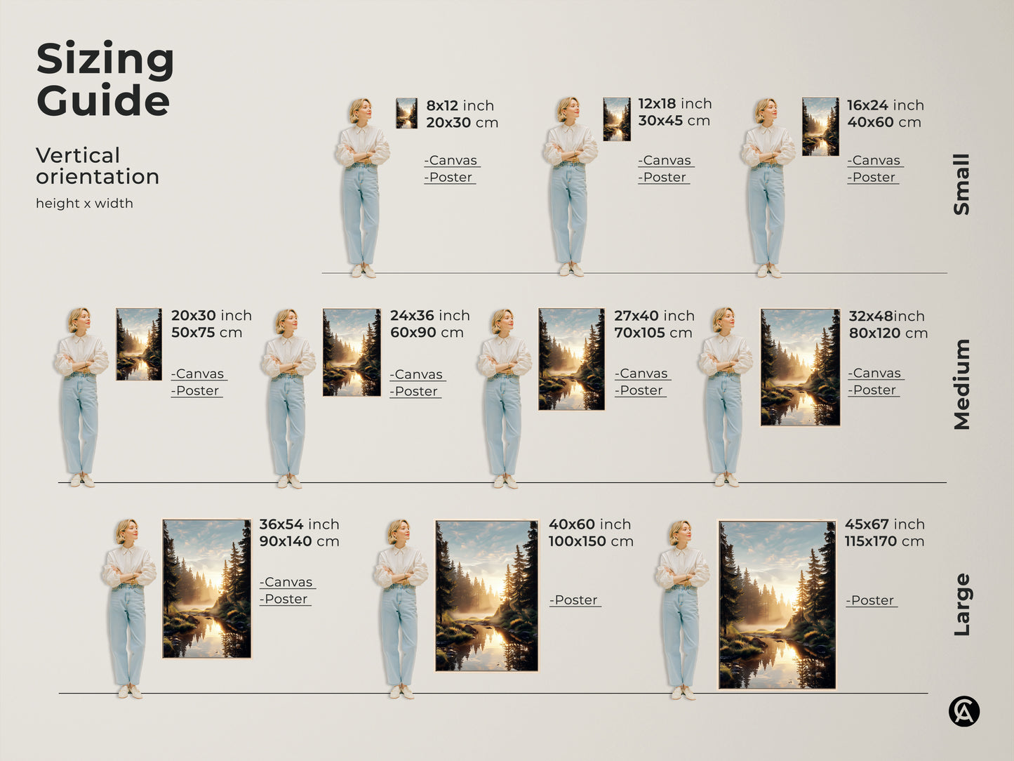 Sizing guide for vertical rustic pine forest river artwork. Available as canvas or poster in sizes from small to large. Find the perfect fit for your space with this golden hour landscape print. Ideal nature artwork for any room.