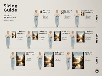 Sizing guide for vertical rustic pine forest river artwork. Available as canvas or poster in sizes from small to large. Find the perfect fit for your space with this golden hour landscape print. Ideal nature artwork for any room.