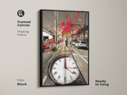 Framed canvas featuring a floating frame in black showcasing an abstract cityscape. The red gray and yellow urban sketch includes tram tracks and a clock face. This contemporary artwork is ready to hang.