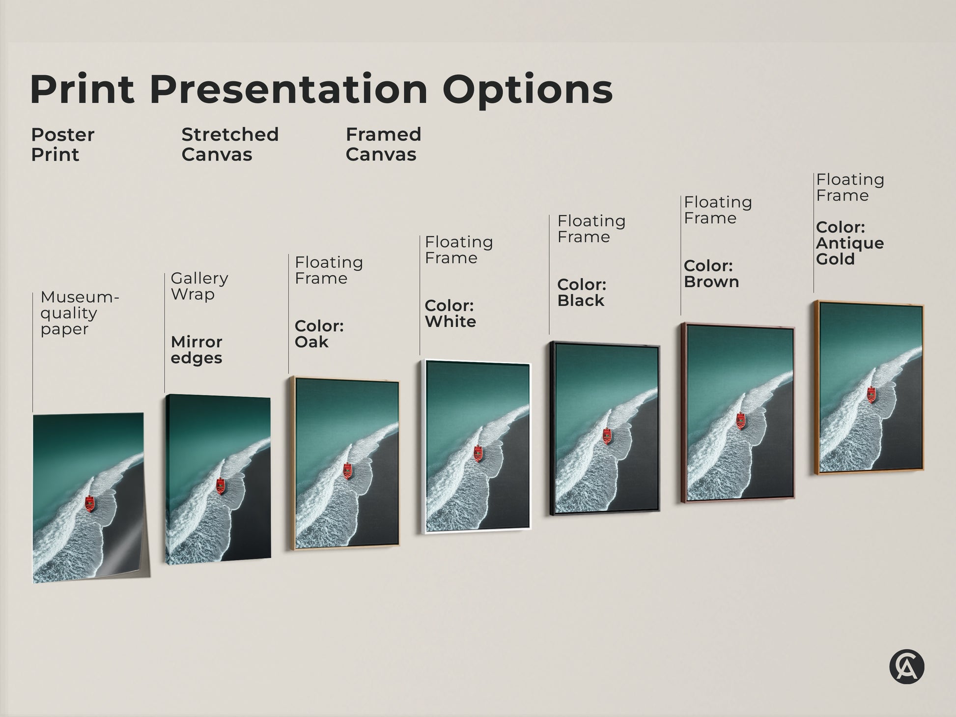 Explore print presentation options for coastal artwork. Choose from poster prints stretched canvas or framed canvas. Frames available in oak white black brown and antique gold. Find your perfect beach art.