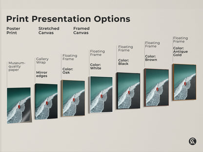 Explore print presentation options for coastal artwork. Choose from poster prints stretched canvas or framed canvas. Frames available in oak white black brown and antique gold. Find your perfect beach art.