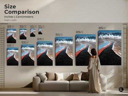 Size comparison of abstract coastal artwork. Inches and centimeters are shown. See how different sizes of ocean wave canvas prints fit above a couch. Various sizes are available to perfectly complement your living space.