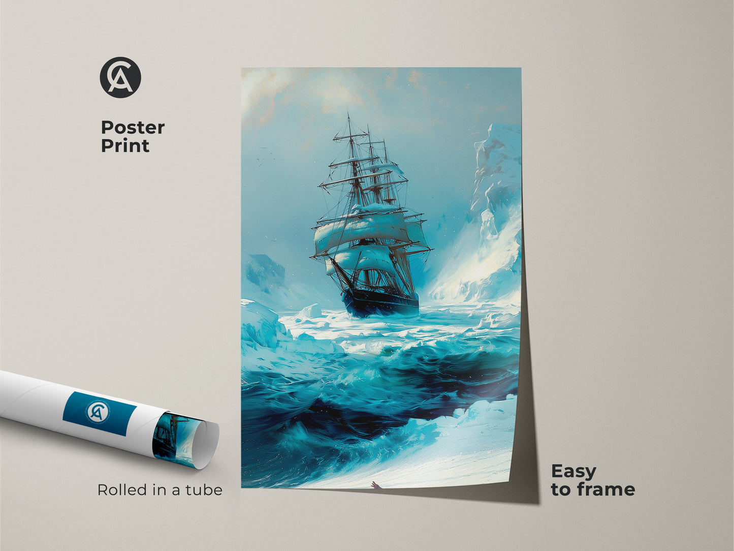 This poster print features a nautical tall ship canvas sailing through a blue ocean. The iceberg ocean print is easy to frame and adds an adventurous touch. Rolled in a tube the maritime wall decor is perfect as an office wall decor gift.
