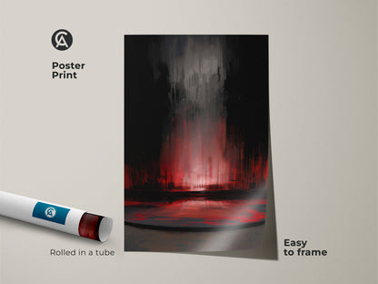 Poster print version of an abstract expressionism painting. Rolled in a tube for easy framing this print features a modern color splash canvas. It is a high-contrast abstract artwork. Displaying shades of crimson and dark grey it makes a stylish contemporary artwork for any room. Perfect as a housewarming gift for art enthusiasts.