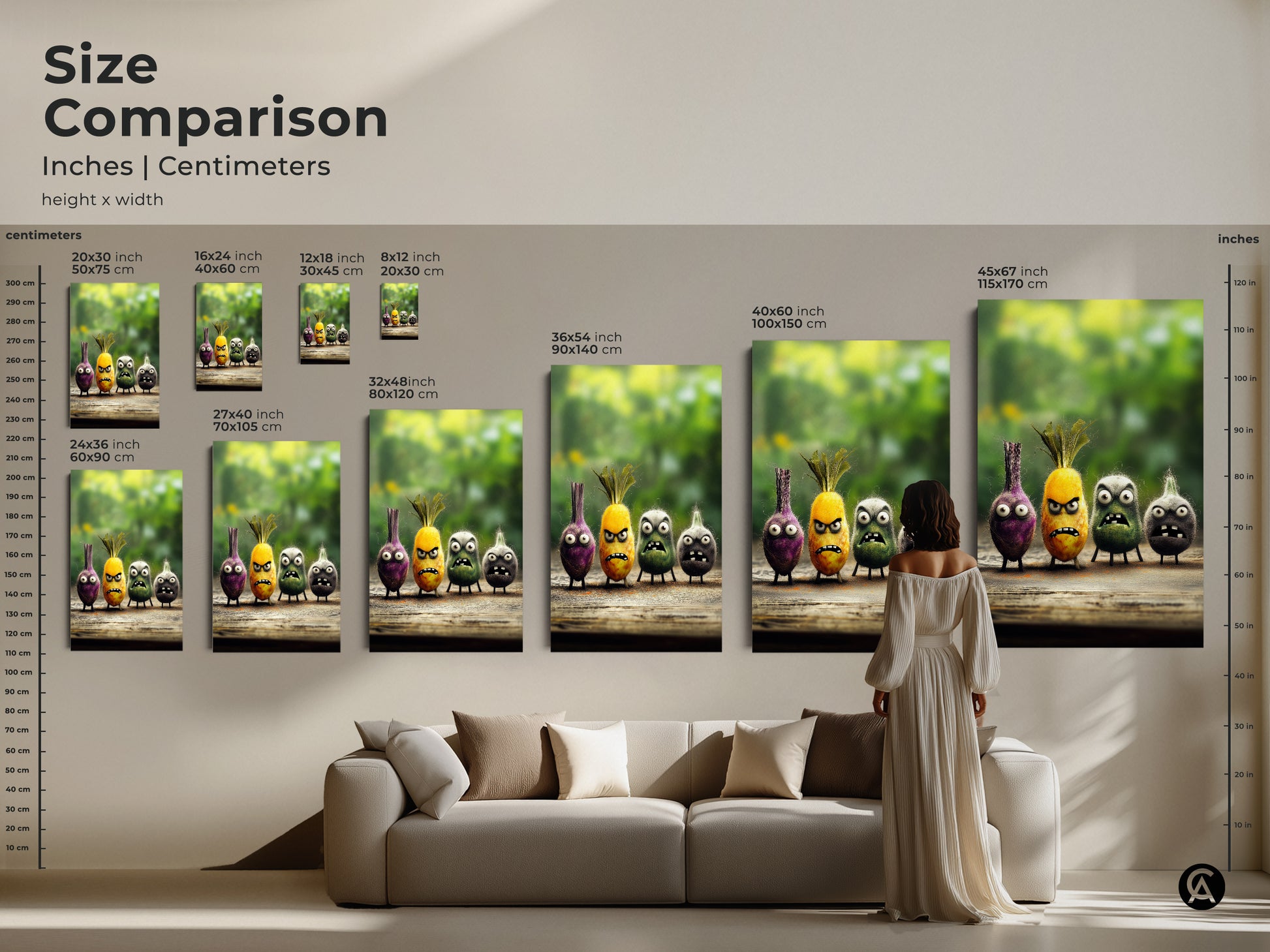 Size comparison of quirky food character art prints. It ranges from 20x30 to 45x67 inches. See cartoon onion pineapple art on a wall. These are gifts for chefs for their kitchen.