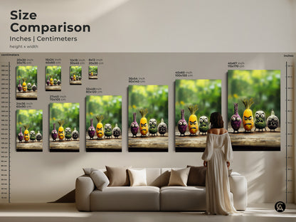 Size comparison of quirky food character art prints. It ranges from 20x30 to 45x67 inches. See cartoon onion pineapple art on a wall. These are gifts for chefs for their kitchen.
