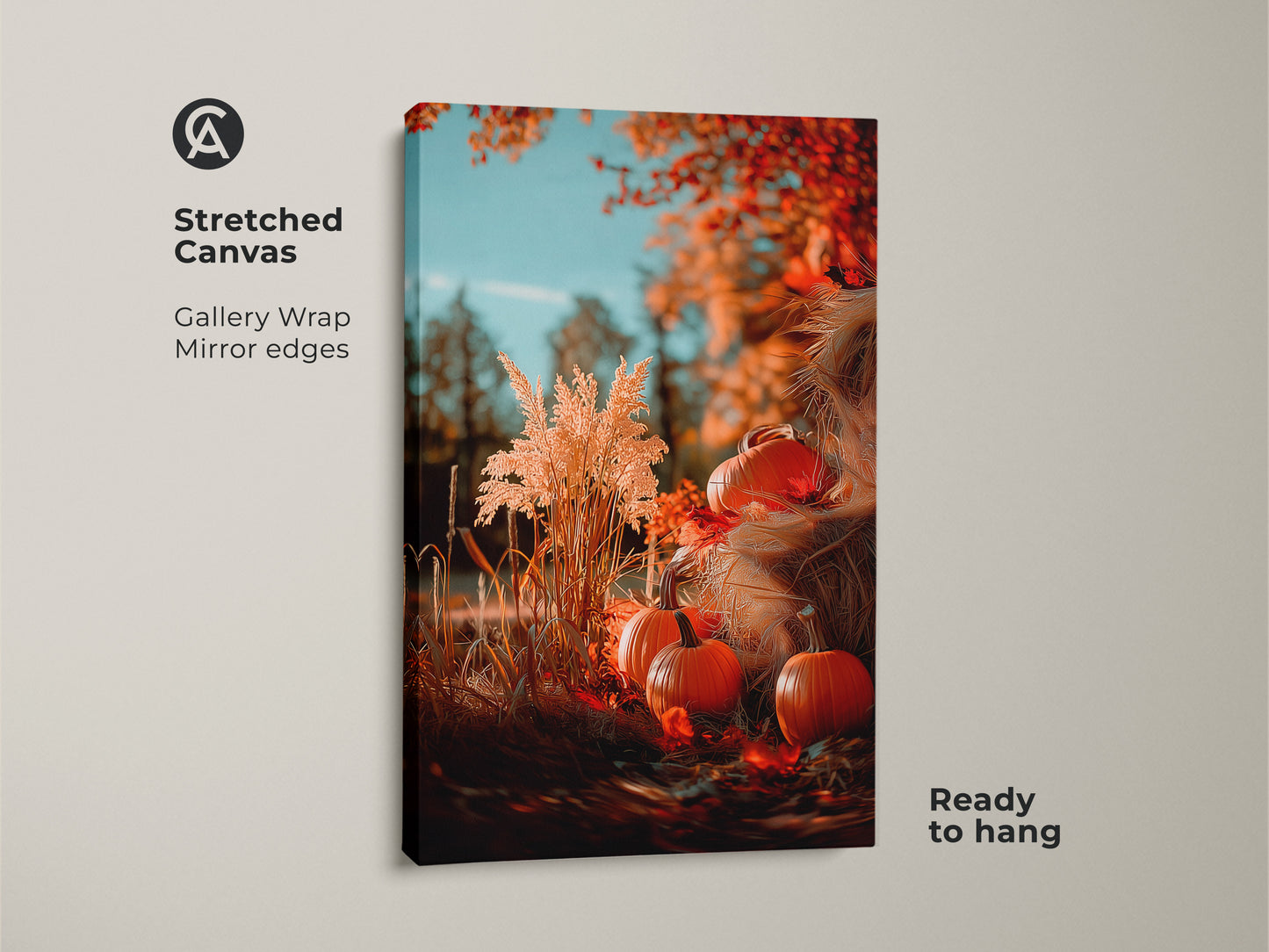 Bring autumn indoors with this gallery-wrapped canvas art. The artwork showcases pumpkins amid fall foliage. Mirror edges enhance this stretched canvas art piece. It comes ready to hang for easy seasonal decorating.