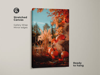 Bring autumn indoors with this gallery-wrapped canvas art. The artwork showcases pumpkins amid fall foliage. Mirror edges enhance this stretched canvas art piece. It comes ready to hang for easy seasonal decorating.