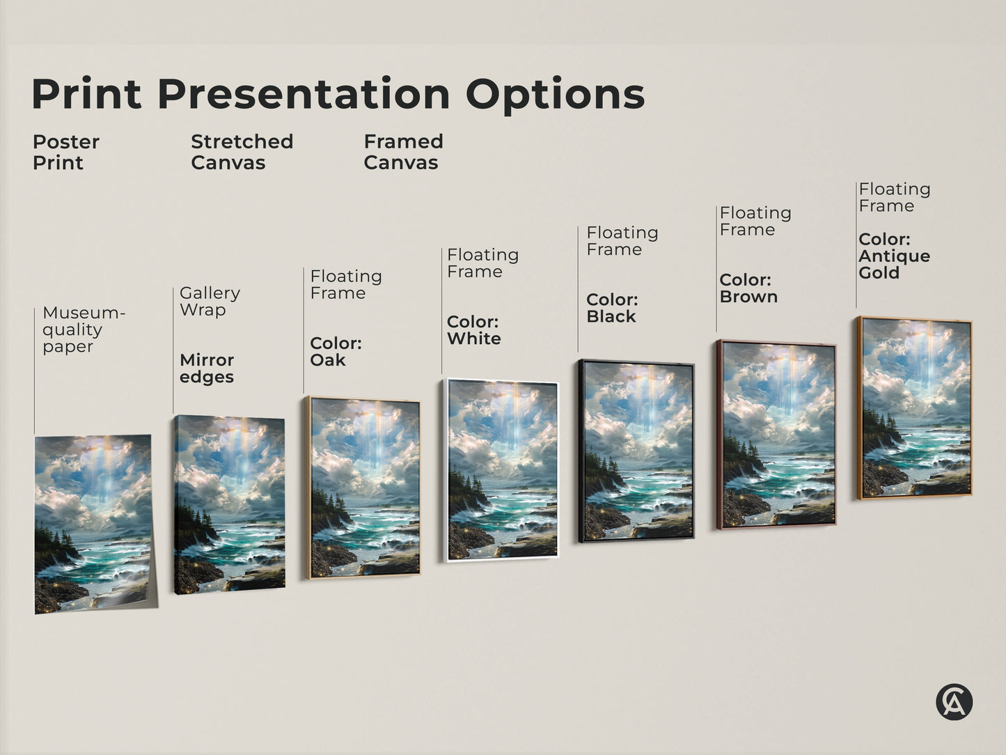 Explore print presentation options for ocean landscape artwork. Select from poster prints to stretched canvas and framed canvas. Floating frames are available in oak black brown antique gold and white.