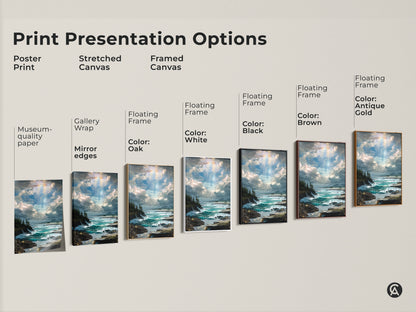 Explore print presentation options for ocean landscape artwork. Select from poster prints to stretched canvas and framed canvas. Floating frames are available in oak black brown antique gold and white.
