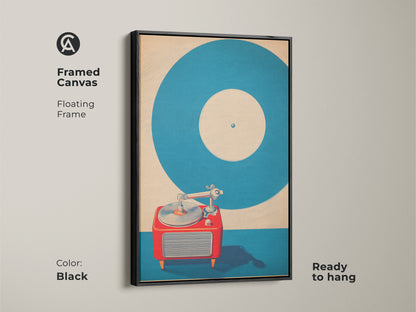Framed canvas with a floating frame showcasing mid-century modern turntable art. Black frame enhances the teal and red music wall art. Vintage record player poster is ready to hang. Pop art record collector gift for a den. Abstract music artwork.