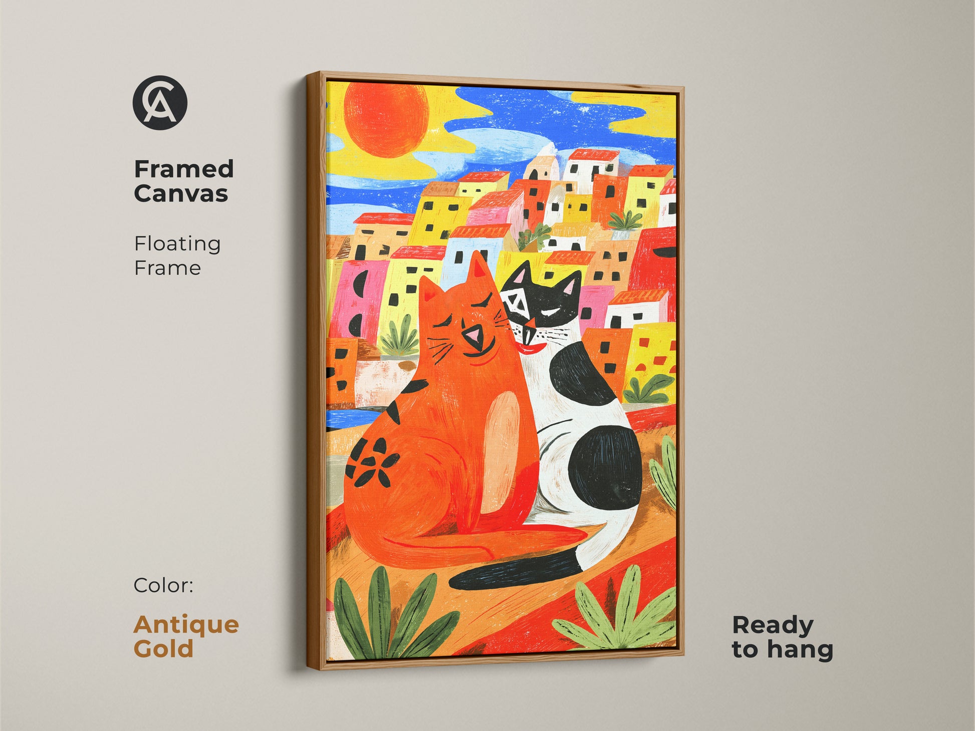 Naive cat artwork in a framed canvas with an antique gold floating frame. This print shows cats in a colorful Mediterranean scene. This unique piece is perfect for boho home decor. The sunny day art is ready to hang.