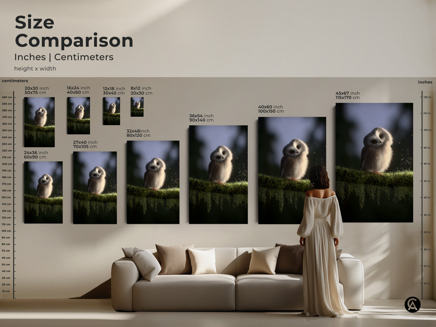 Size comparison of baby owl art prints in inches and centimeters. See how different sizes fit above a sofa. Choose the perfect cute owl wall art for your space. The Scandinavian nursery decor includes options from small to extra-large.