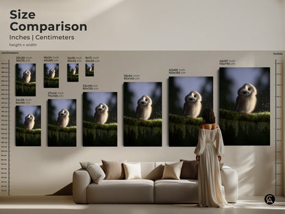 Size comparison of baby owl art prints in inches and centimeters. See how different sizes fit above a sofa. Choose the perfect cute owl wall art for your space. The Scandinavian nursery decor includes options from small to extra-large.