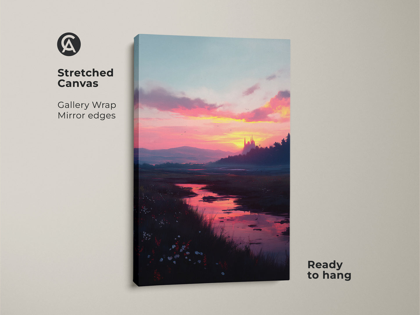 Stretched canvas sunset river landscape art. This gallery-wrapped canvas features a mirror edge. It's ready to hang adding a beautiful landscape to your space. The artwork shows a river flowing into the distance with a colorful sunset.