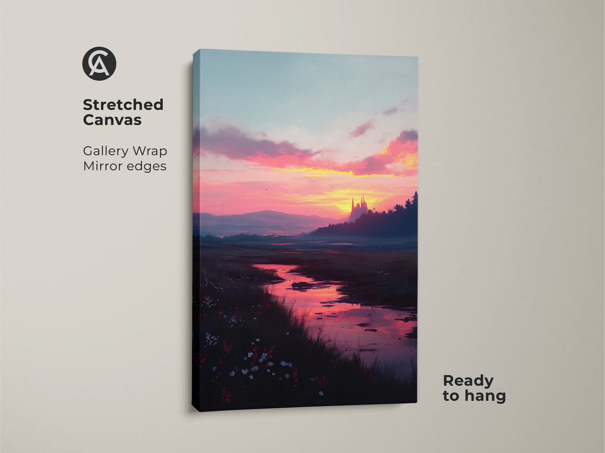 Stretched canvas sunset river landscape art. This gallery-wrapped canvas features a mirror edge. It's ready to hang adding a beautiful landscape to your space. The artwork shows a river flowing into the distance with a colorful sunset.