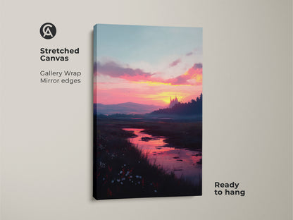 Stretched canvas sunset river landscape art. This gallery-wrapped canvas features a mirror edge. It's ready to hang adding a beautiful landscape to your space. The artwork shows a river flowing into the distance with a colorful sunset.