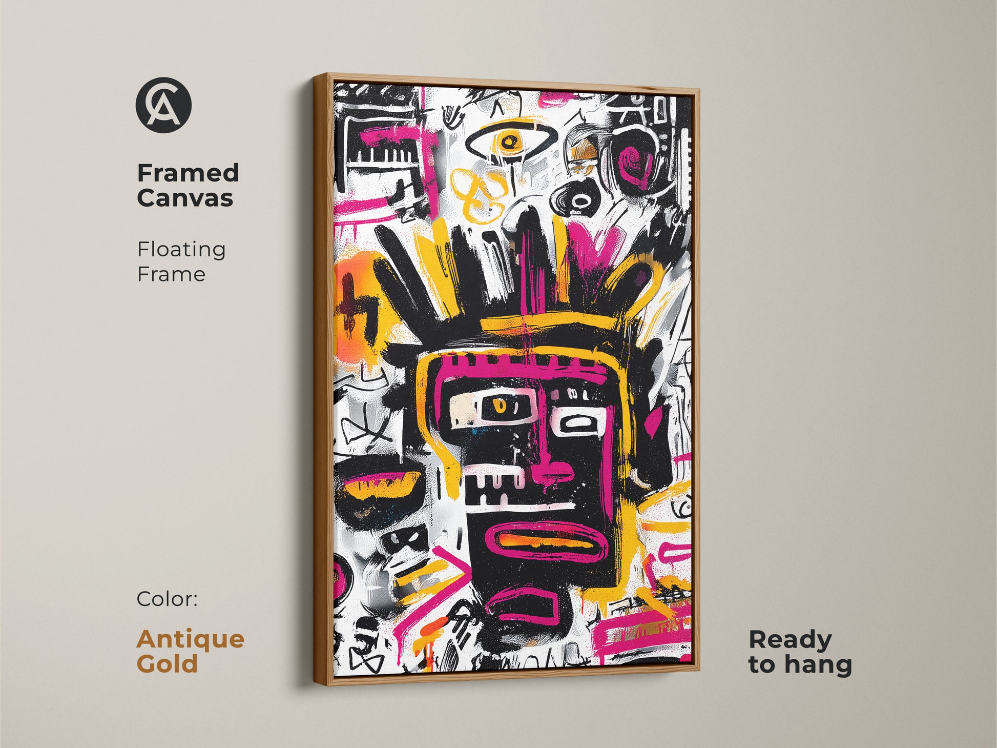 Framed canvas featuring an abstract face in the style of Basquiat with a sleek antique gold floating frame. This ready-to-hang artwork adds a modern touch to any home or office. The artwork is a bold statement piece. It will enhance your interior decor.