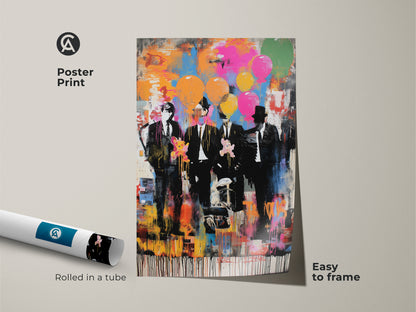 This poster print shows graffiti style men in suits. This abstract balloon print arrives rolled in a tube. It is easy to frame. The pop culture wall decor features eclectic art. The print has pink blue and orange abstract colors. Add street art to your space.