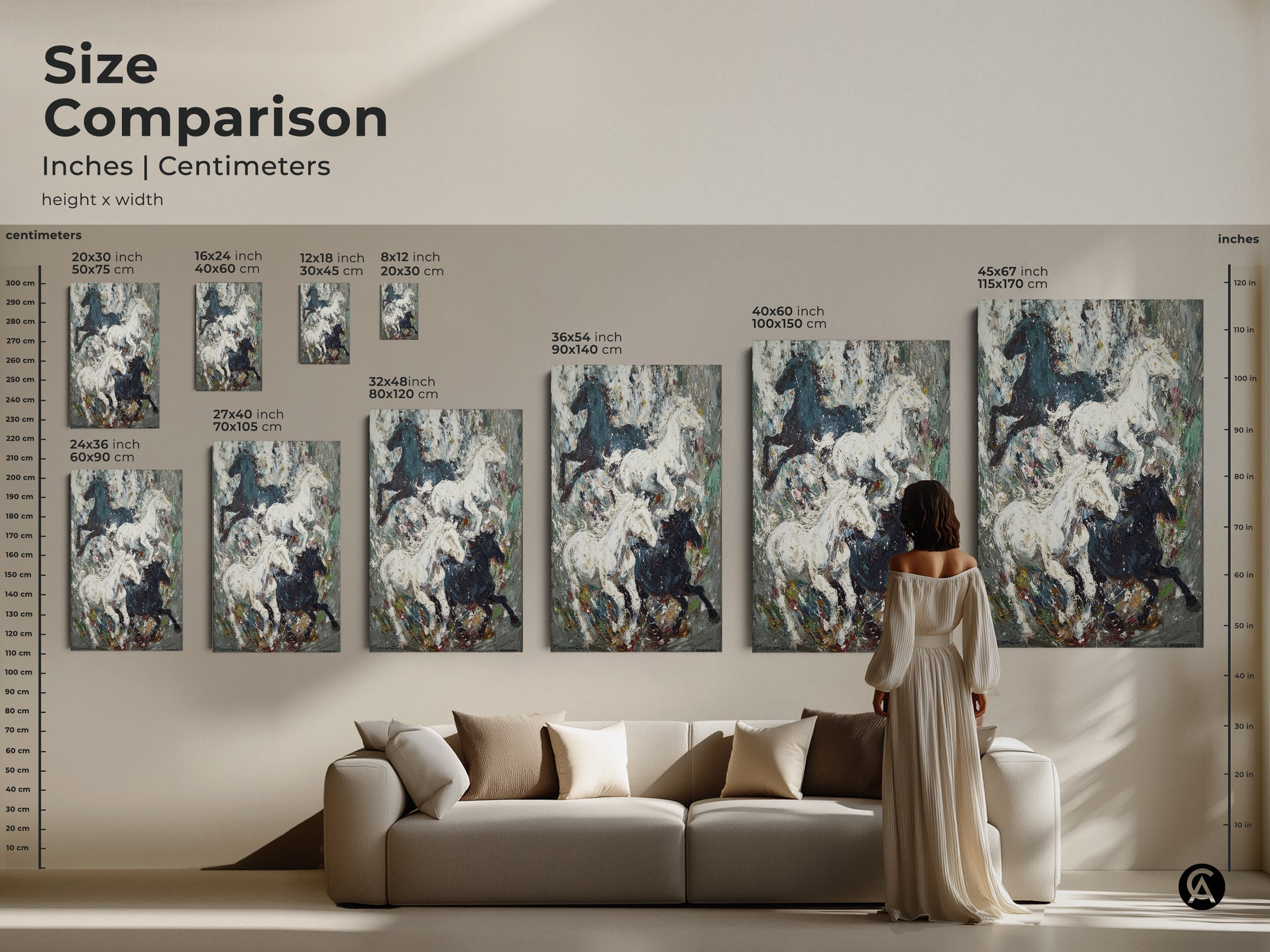 Size comparison of wild horses artwork in inches and centimeters. See how different sizes fit above a sofa. Choose from various dimensions to suit your space. Canvas and poster options available. Perfect for eclectic or modern decor. Fine art horse print.