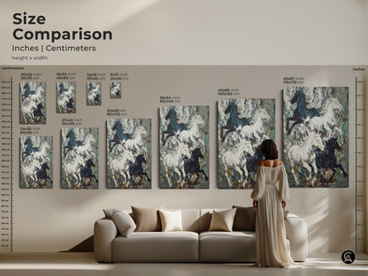 Size comparison of wild horses artwork in inches and centimeters. See how different sizes fit above a sofa. Choose from various dimensions to suit your space. Canvas and poster options available. Perfect for eclectic or modern decor. Fine art horse print.