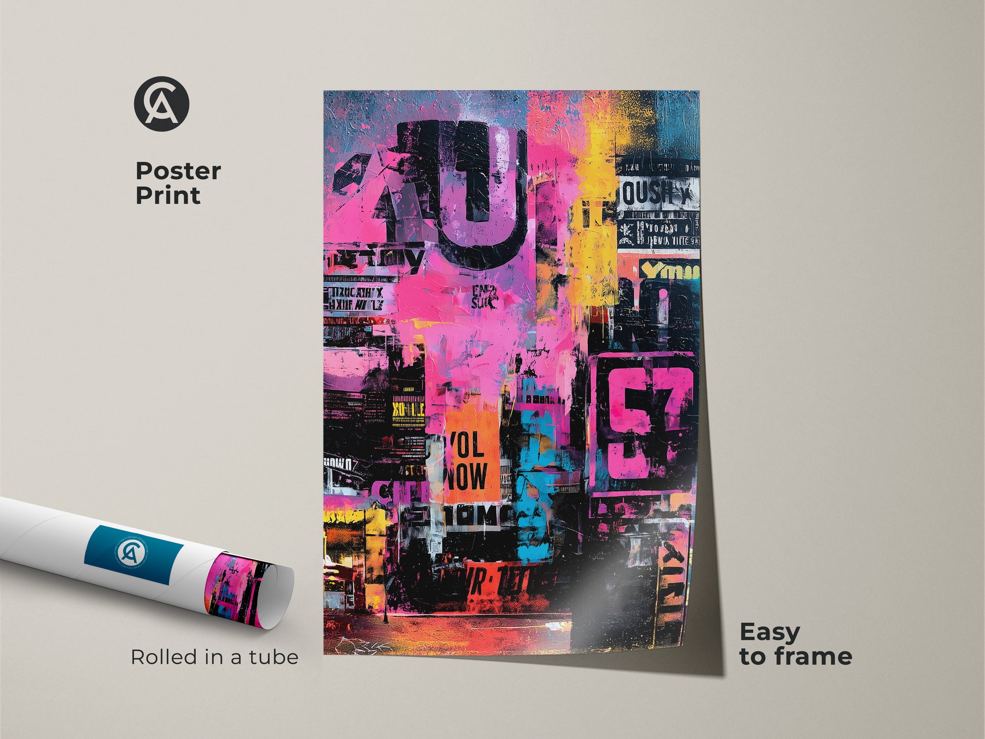 Poster print of abstract artwork. Rolled in a tube for easy framing. Features vibrant colors and urban-inspired typography. A museum-quality paper ensures lasting beauty. Add a touch of modern art to your home decor with this print.