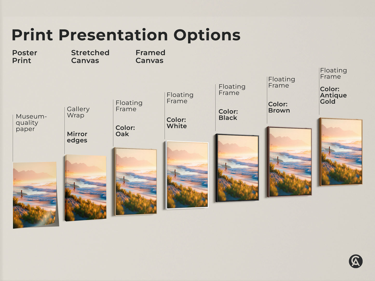 Artwork print presentation options. Choose from poster prints stretched canvas or framed canvas. Various frame colors are available. Find the perfect art to match your style. Museum-quality paper and mirrored edges.