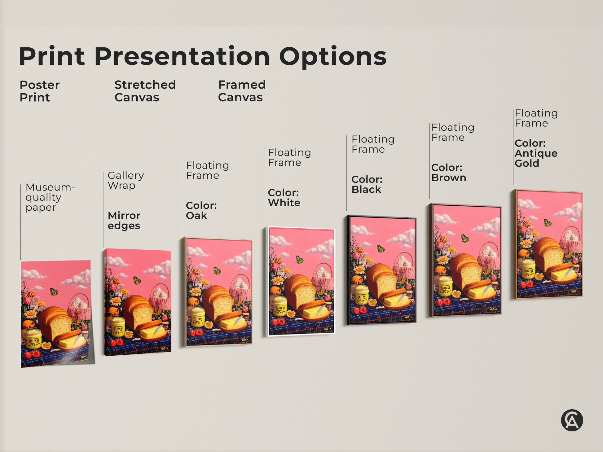 Explore print presentation options for whimsical bread and butter artwork. Choose from poster prints or stretched canvas. Framed canvas options include black brown antique gold and white.
