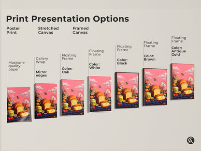 Explore print presentation options for whimsical bread and butter artwork. Choose from poster prints or stretched canvas. Framed canvas options include black brown antique gold and white.