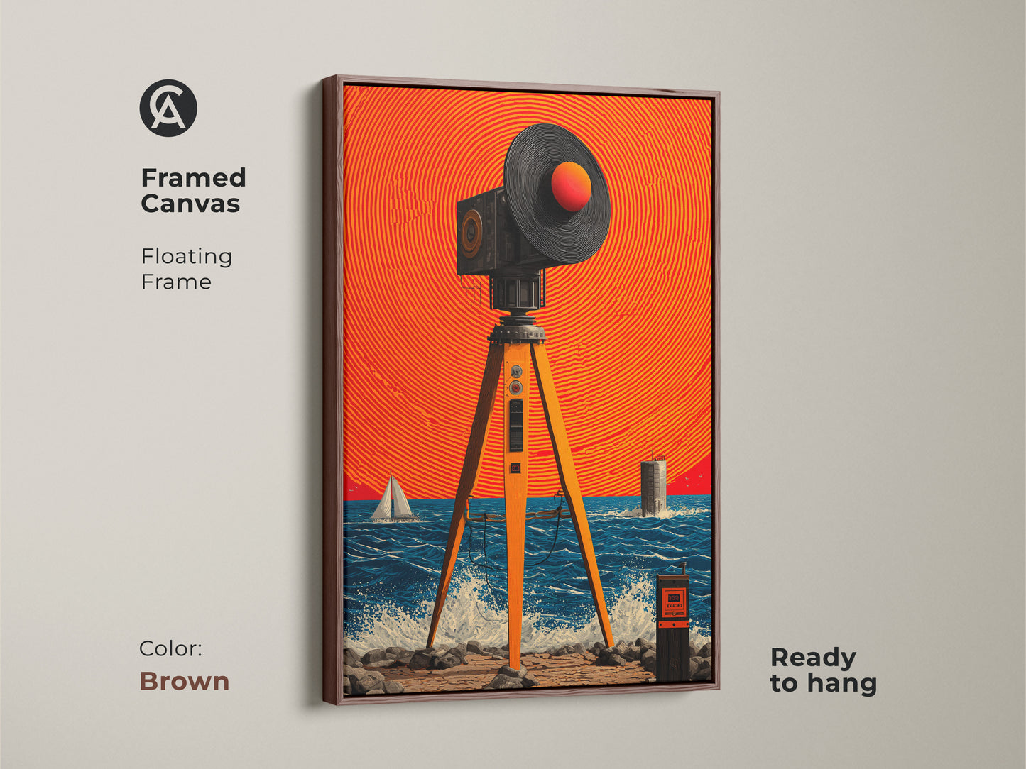 Elevate your space with Framed Canvas. This retro futuristic artwork shows a surreal seascape. It includes surveying equipment and a sailboat. This brown floating frame enhances an eclectic decor style. It is ready to hang.