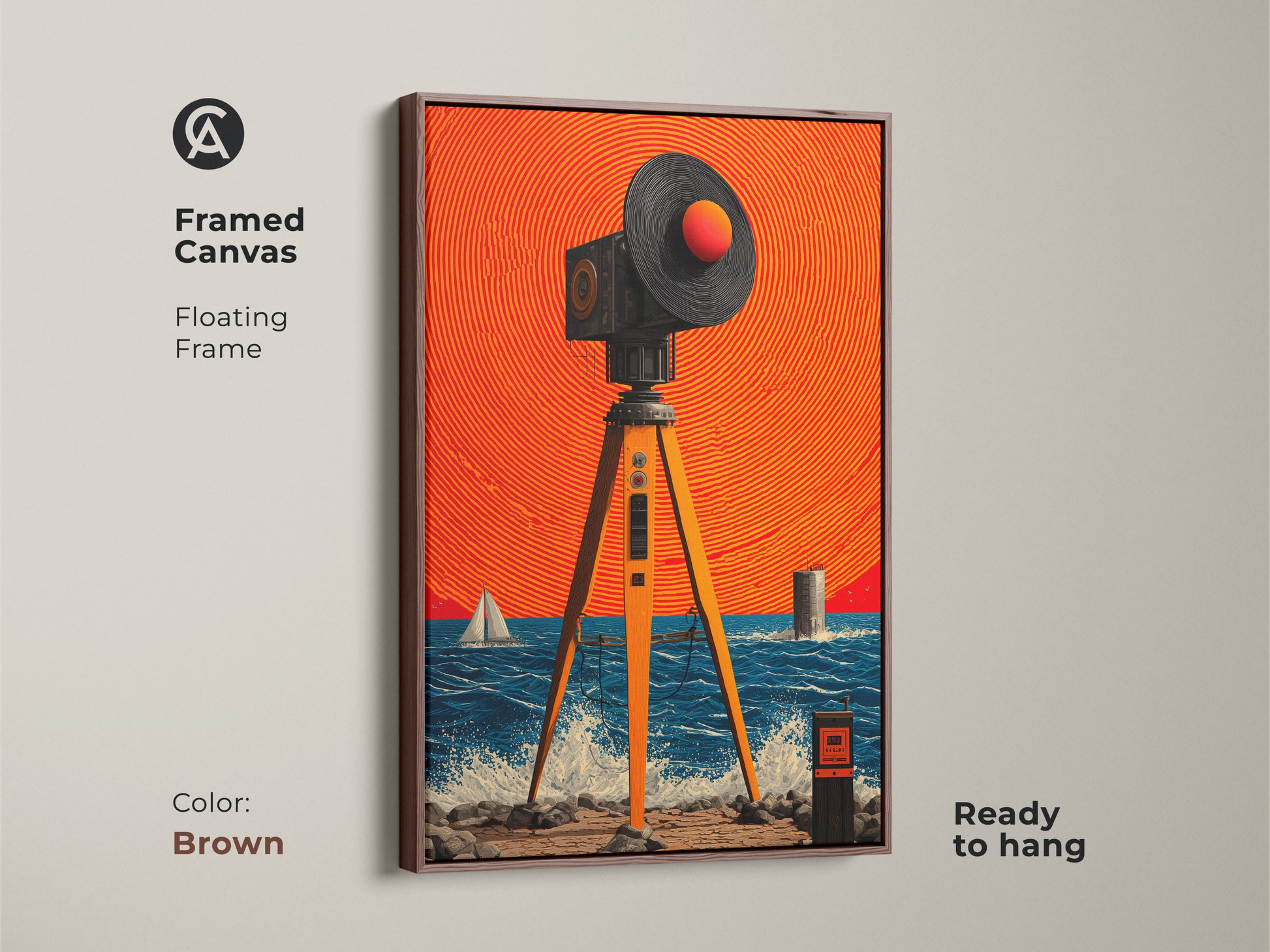Elevate your space with Framed Canvas. This retro futuristic artwork shows a surreal seascape. It includes surveying equipment and a sailboat. This brown floating frame enhances an eclectic decor style. It is ready to hang.