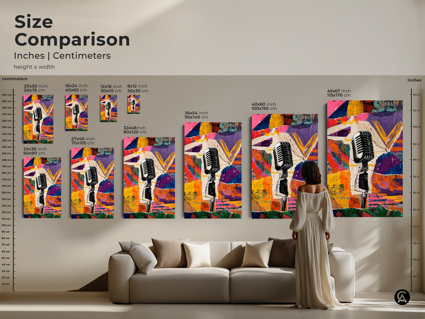 Size comparison of the Retro Microphone Collage. Various sizes are available to fit any space from 8x12 inches to 45x67 inches. See how it looks above a couch. Find the right size for your decor.